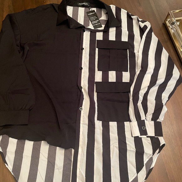 NEW WITH TAGS- INCERUN- black and white striped button up asymmetrical - Picture 1 of 2
